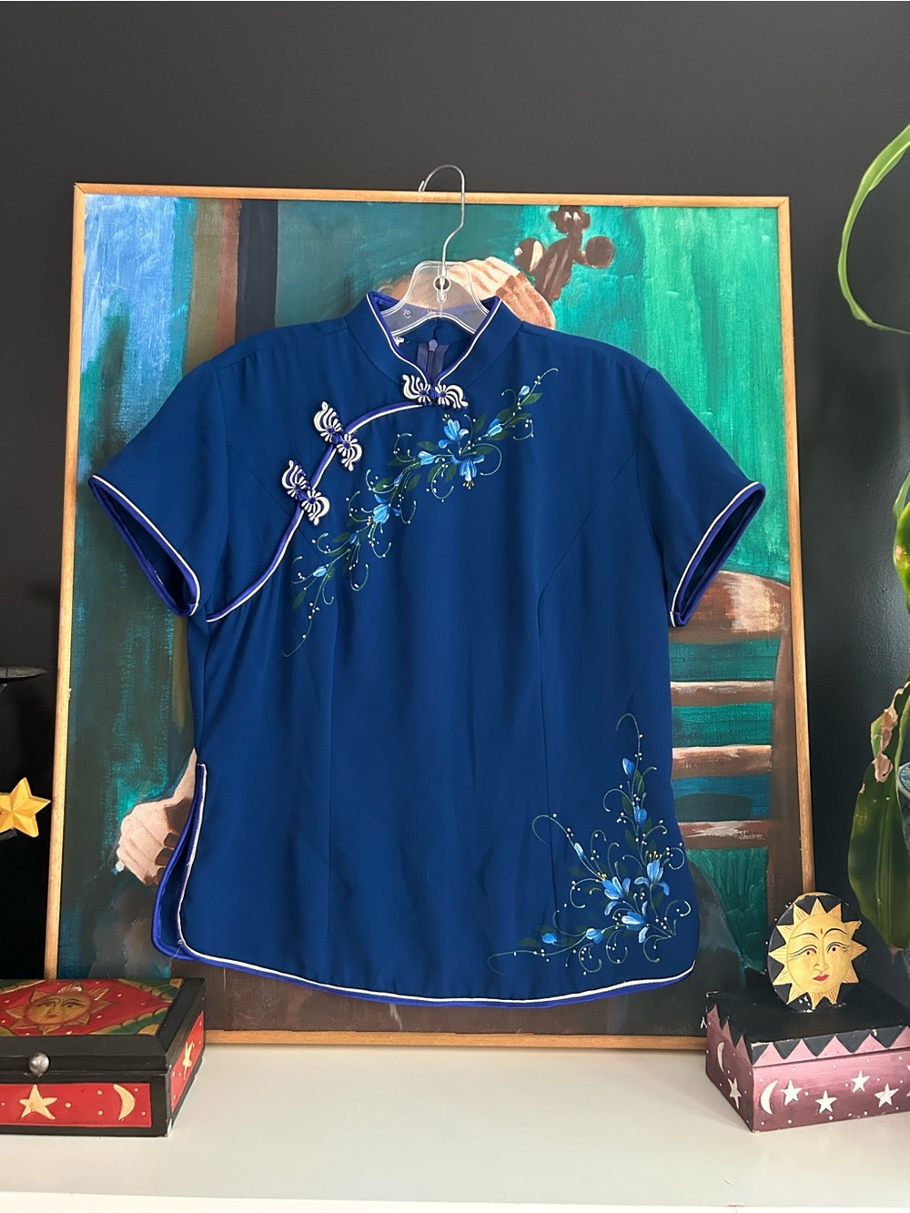 Vintage Chinese Qipao Cheongsam Blue Floral Embroidered Blouse XL Asian Top